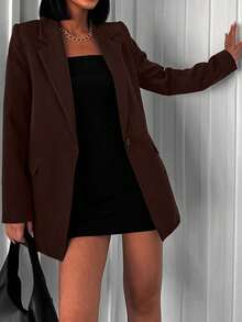 EURMUSE Áo khoác blazer dáng rộng cổ ve trơn màu đơn giản dành cho nữ, đa năng khi đi làm và đi chơi - màu nâu - Xem 6