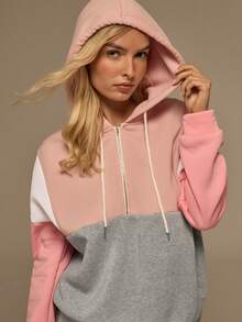 SHEIN Tall Sudadera casual con capucha, manga larga, cremallera y cordón, de color contrastante, para otoño/invierno - Gris Claro - Ver 2
