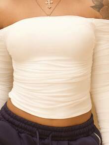 Rayane Ketlyn Camiseta de manga larga con pliegues y hombros descubiertos, estilo minimalista, adecuada para salidas casuales