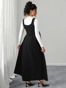 SHEIN 孕妇纯色方领吊带优雅时尚连衣裙 - 黑色 - 查看 2