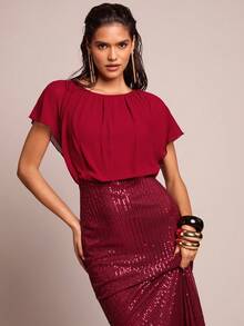 SHEIN Belle 纯色蝙蝠袖亮片鱼尾裙优雅正式晚会舞会婚礼宾客礼服，适合毕业典礼、晚宴或节日派对服装 - 酒紅色 - 查看 5