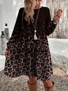 EMERY ROSE Casual Minimalist Ditsy Floral Pattern Loose Fit Round Neck Plus Size Dress, Suitable For Autumn/Winter Women Long Sleeve Dress Leopard Dress For Women Leopard Print Dress Cheetah Print Dress Animal Print Dress New Year Party Cheetah Dress For Women - Multicolor - View 4