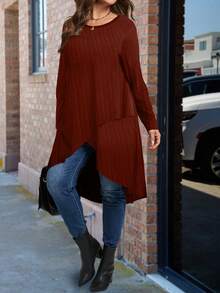 Plus Size Solid Color Long Asymmetrical Hem Crew Neck Long Sleeve T-Shirt - Burgundy - View 6