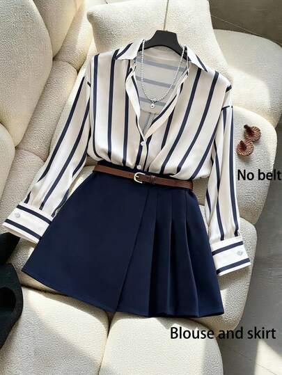 GlowEve Striped Shirt & Asymmetric Pleated Skort, Elegant 2 Pieces Set For Women