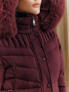Anewsta Women's Burgundy Hooded Detachable Faux Fur Collar Cinched Waist Short Padded Coat - Burgundy - View 2