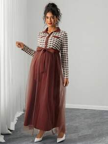 SHEIN Elegant Maternity Commuter Dress With Mesh Patchwork And Houndstooth Pattern