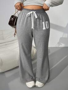 SHEIN EZwear 大码女式数字印花抽绳腰喇叭休闲裤，大码喇叭运动裤，秋冬款 - 淺灰色 - 查看 4