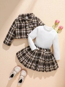 Souflis Souflis 3件套女婴秋春季优雅风格套装，长袖外套、长袖上衣和翻领半裙 - 棕色 - 查看 8