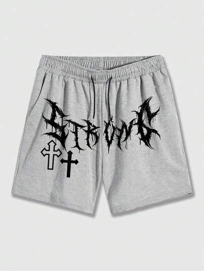 Men's Cross & Gothic Letter Print Drawstring Waist Pocket Casual Shorts