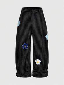 ROMWE MEN Street Life Men's Casual Street Floral Wool Blend Cropped Pants, Autumn/Winter - Black - View 1