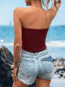 Sylviya 女士纯色抹胸露脐上衣，休闲百搭，适合春夏度假穿着 - 酒紅色 - 查看 2