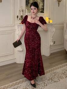 DAZY 女士优雅派对亮片美人鱼连衣裙 圣诞新年女士服装 嘉年华闪亮连衣裙 - 酒紅色 - 查看 6