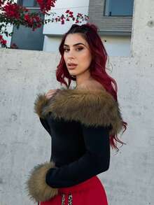 毛绒领拼接露肩长袖T恤，时尚优雅，秋冬 - 彩色 - 查看 6