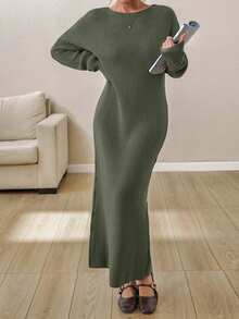 EURMUSE Boat Neck Ribbed Knit Midi Dress – Earthy Brown | Oversized Fit With Textured Stitch - Army Green - View 5