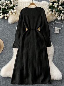 Franclia 女式法式优雅前扣针织毛衣裙 - 黑色 - 查看 2