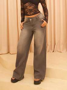 Rayane Ketlyn Women's Thick Denim Wide Leg Pants With Slanted Front Pocket, Blue - Grey - View 4