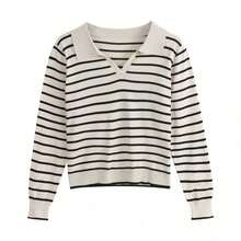 Blusa suéter para mujer manga larga cuello polo rayas beige negro casual dama cómoda suave ligera elegante otoño invierno oficina diario estilos acogedores de otoño&invierno blusas para mujer suéteres de mujer moda coreana básica moderna - Beis - Ver 9