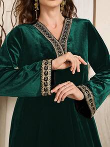 Al Najma Elegant Loose Long Sleeve Dress With Luxurious Ribbon Trim On V-Neck, Velvet Fabric In Olive Green - Dark Green - View 5