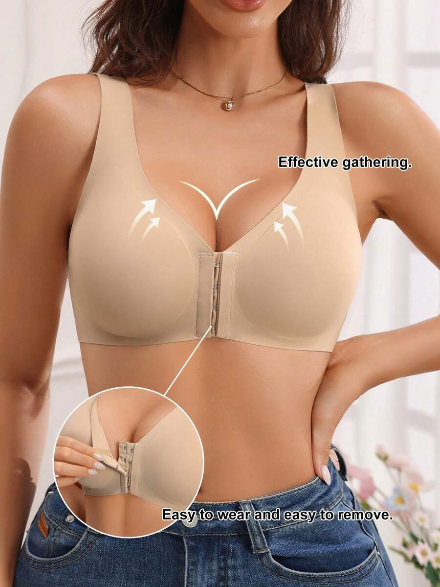 女士无钢圈无缝前开式高弹舒适聚拢果冻条日常文胸。 - 杏色 - 查看 1