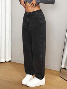 SHEIN Tall Quần jeans ống côn cạp cao thời trang bỏ túi - màu đen - Xem 3