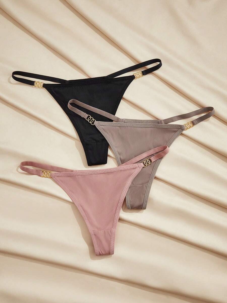 Charlaine 3pcs Women's Minimalist Solid Color Sexy Thong Panties - Multicolor - View 1