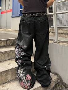 ROMWE MEN Street Life 男士花卉刺绣图案宽松牛仔裤 - 黑色 - 查看 2