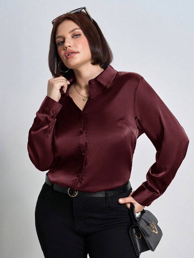 Chikora Áo sơ mi cài cúc cỡ lớn chất liệu satin poplin, thích hợp cho công sở. - Màu Tím - Xem 1