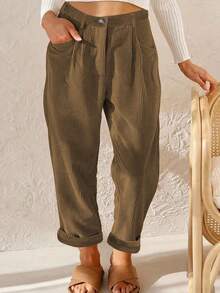 EMERY ROSE Plus Size Women's Khaki Corduroy Straight Leg Pants - Camel - View 1