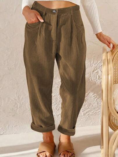EMERY ROSE 大码女式卡其色灯芯绒直筒裤