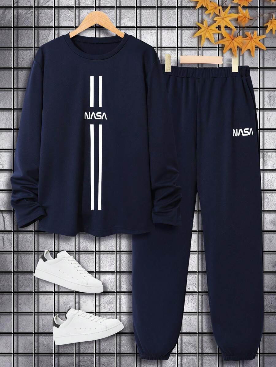 2件套青少年男童字母印花圆领长袖T恤和运动裤，休闲款