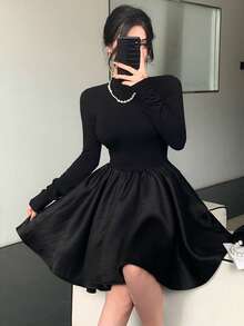 DAZY Robe mini élégante plissée à col montant et manches longues, couleur unie pour femmes - Noir - Voir 1