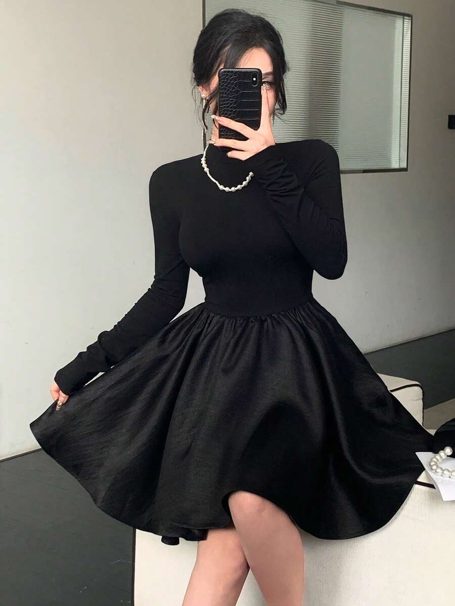 DAZY Robe mini élégante plissée à col montant et manches longues, couleur unie pour femmes - Noir - Voir 1