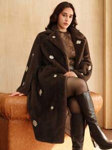 Anewsta Plus Size Women's Elegant Faux Fur Long Coat, Fashion Faux Fur Lined Outerwear, Autumn/Winter - Coffee Brown - View 1