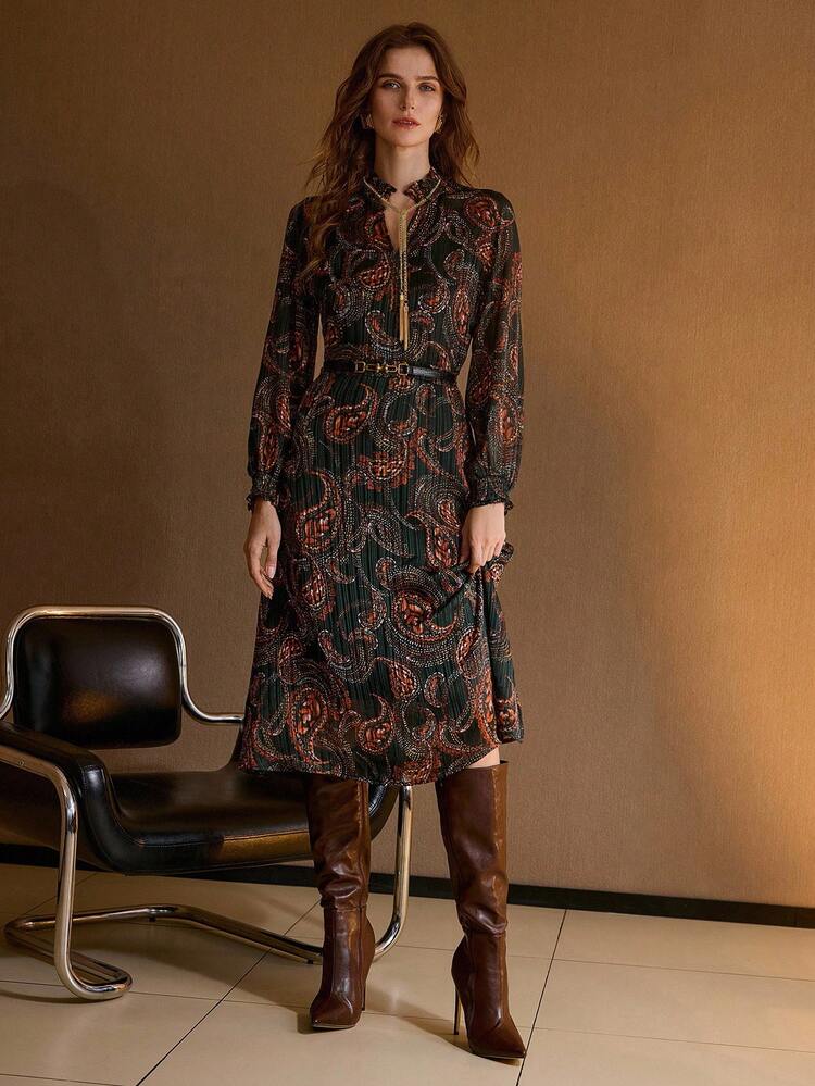 PAISLEY PRINT BELTED DRESS