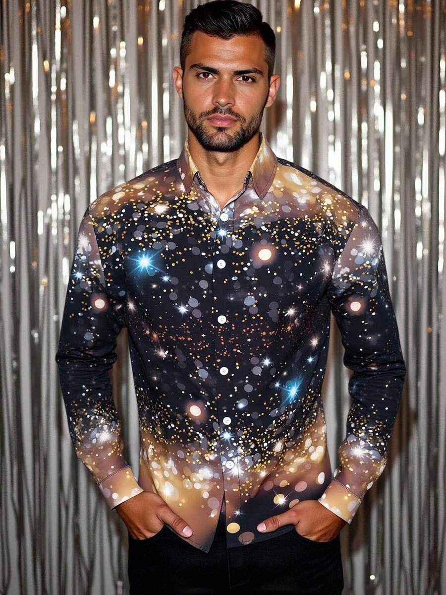 Manfinity VCAY 男士新年闪亮庆典休闲数码印花长袖衬衫太空衬衫星空印花衬衫男士闪亮衬衫抽象印花长袖衬衫男士亮片衬衫 - 彩色 - 查看 1