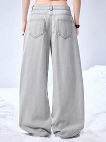 ROMWE EDITION Cyber Symbol & Cartoon Portrait Graphic Print Loose Wide-Leg Jeans - Blue - View 2