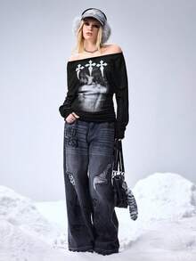 ROMWE EDITION Camiseta de manga larga con escote descubierto y estampado de silueta de cruz para mujeres, estilo romántico punk - Negro - Ver 7