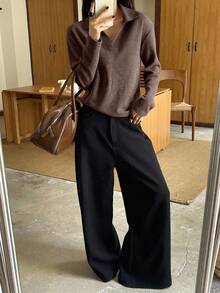 Livesso 女士宽松商务休闲长袖针织拼接T恤，棕色纯色，适合秋、冬、春季穿着 - 棕色 - 查看 5