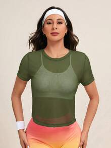 SHEIN Cheerettes 透明健身上衣，女士网眼健身上衣，健身房女式衬衫 - 橄欖綠 - 查看 4
