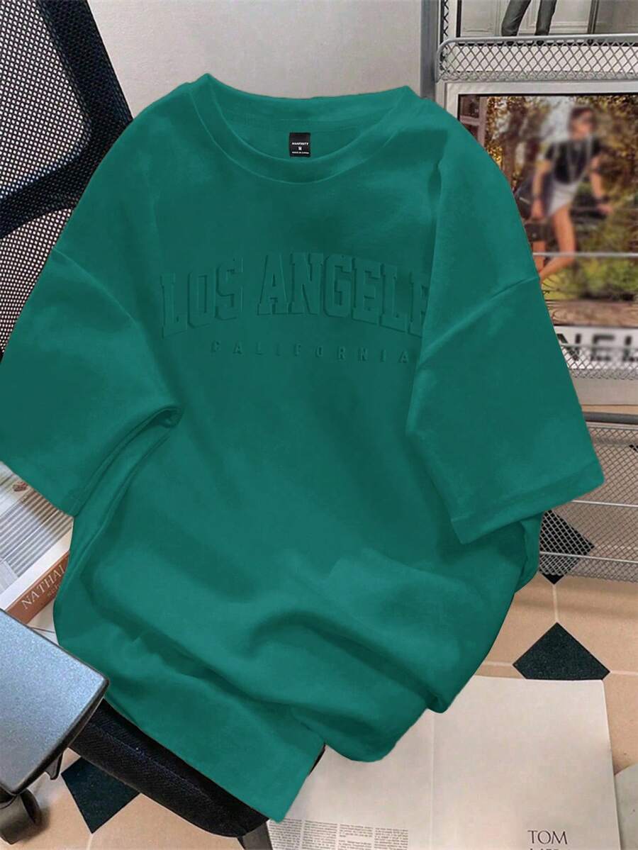 Manfinity Joysei Camiseta casual holgada de cuello redondo con estampado de letras para hombre - Verde - Ver 1