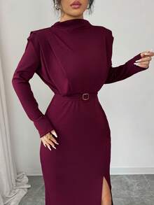 Elenzga Women's Elegant Burgundy Long Sleeve Dress,Autumn Ruffle Shoulder Solid Color With Metal Buckle Belt,For Casual,Commute,Vacation,Dining,Formal Parties - Maroon - View 4