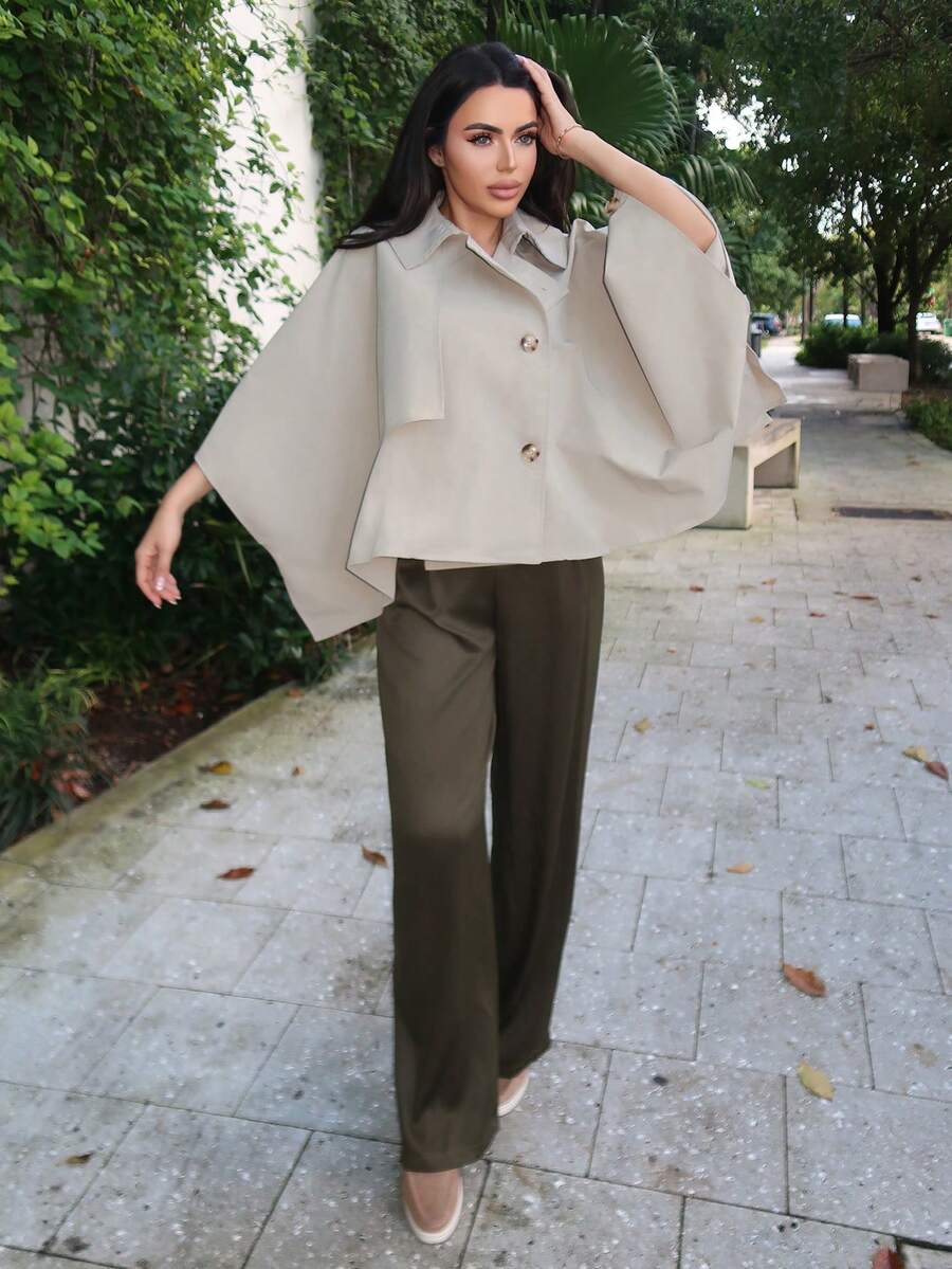 Durrani Popal Outono e inverno retrô elegante sarja tingida com fio plissado calças femininas de perna larga - Verde de Exercício - Ver 1