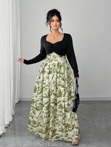 Elenzga 2025新款大码女装轻盈奢华黑色文胸罩杯扭结拼接复古碎花连衣裙，适合返校、毕业典礼、情人节、音乐节、母亲节、万圣节、感恩节、复活节、国庆节、晚宴、约会派对、婚礼季、户外郊游等场合。 - 綠色 - 查看 5