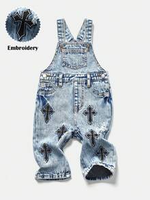 Bubblio New Vintage Baby Boys' Urban Street Cool Cross Embroidered Pattern Ripped Blue Denim Bib Overalls Jumpsuit Fall Winter,Without Top,For Baby Fall/Winter Dailywear Outfits,Boys Streetwear Outfits,Christmas Outfits,,Boys New Year Outfit,Thanksgiving Outfit For Boys,Stylish Clothing Collection,Winter Clothes,Toddler Overlls,Warm Clothes - Light Wash - View 2