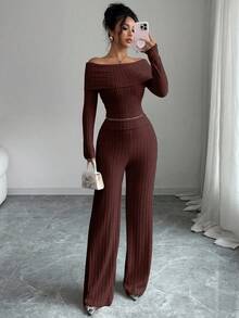 SHEIN Elenzya Women's Ribbed Brushed Off-Shoulder Top & Pants, Elegant Minimalist Casual 2-Piece Set For Date, Daily Wear, Party, Autumn/Winter - Brown - View 1