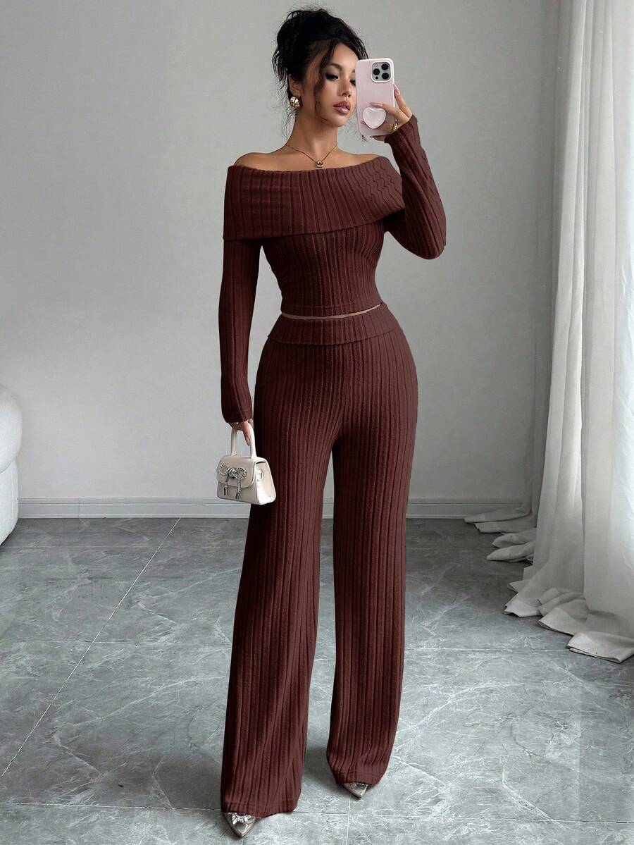 SHEIN Elenzya Women's Ribbed Brushed Off-Shoulder Top & Pants, Elegant Minimalist Casual 2-Piece Set For Date, Daily Wear, Party, Autumn/Winter - Brown - View 1