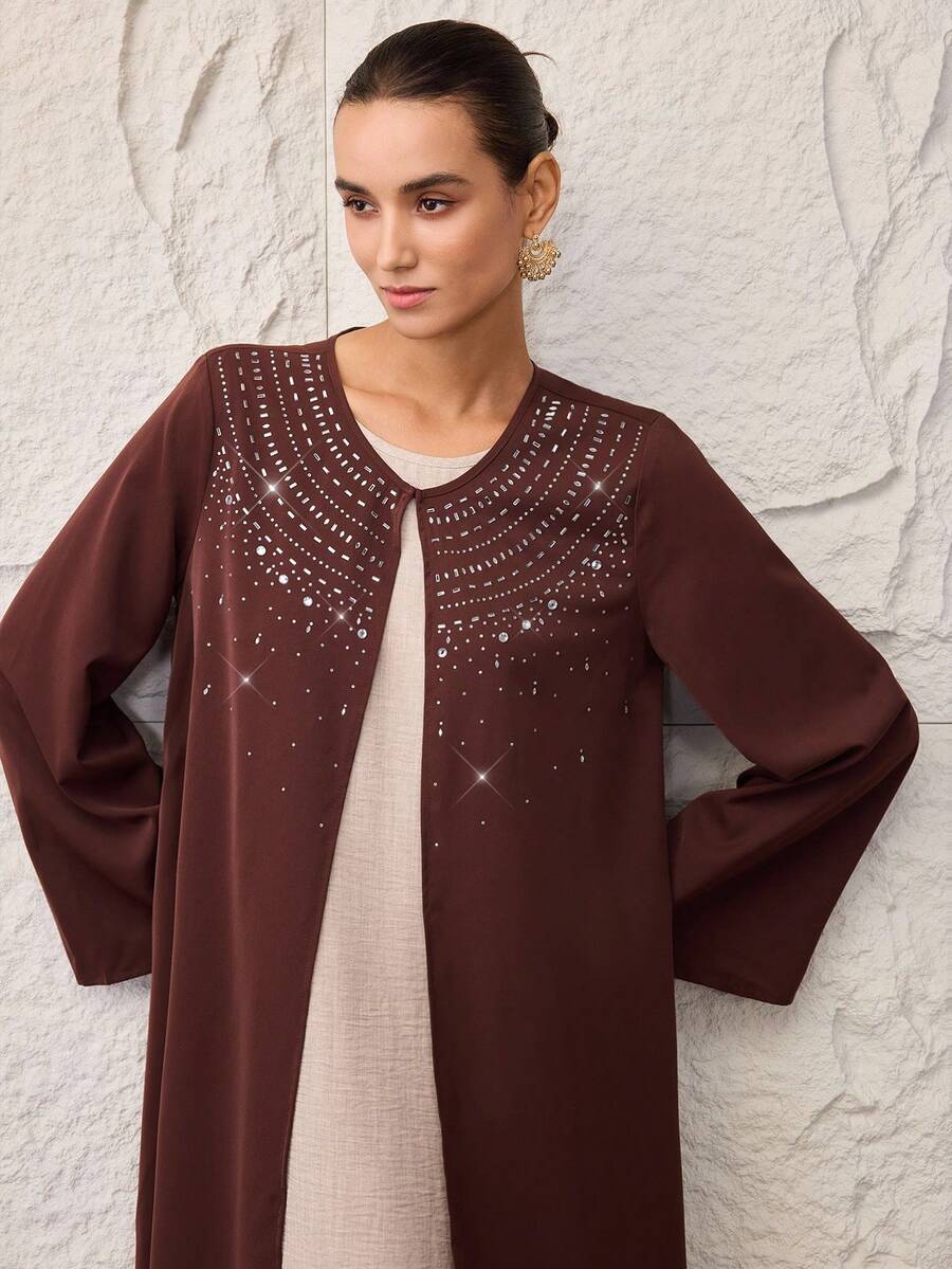 Al Najma Women's Elegant Party Rhinestone Embellished Abaya Abayas Dubai Luxury - Coffee Brown - View 1