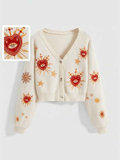 Gothic Mysterious Witch Style Sun, Moon, Star, Heart, Eye Embroidery Contrast Color Cardigan Sweater