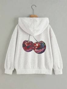 Resyla 女士樱桃印花拉链卫衣，休闲外套，适合教师、返校、毕业、日常穿着、冬季穿着，时尚百搭，灰色 - 淺灰色 - 查看 5