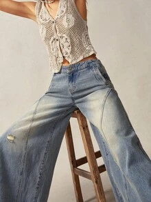 Bohemela Plus Size Low Waist Button Pocket Casual Wide Leg Pants